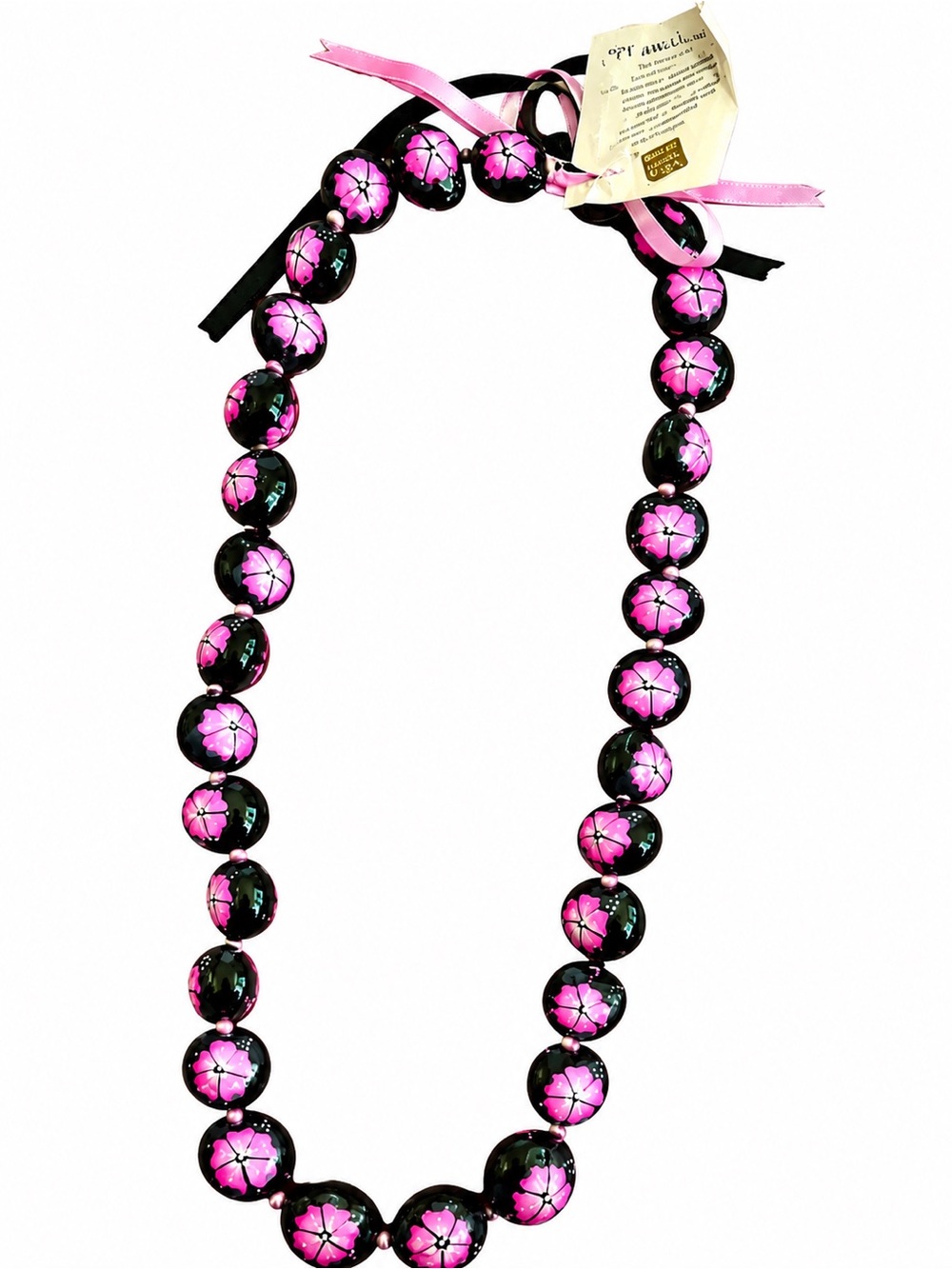 Hand-Painted Kukui Nut Lei – Pink Hawaiian Floral Necklace
